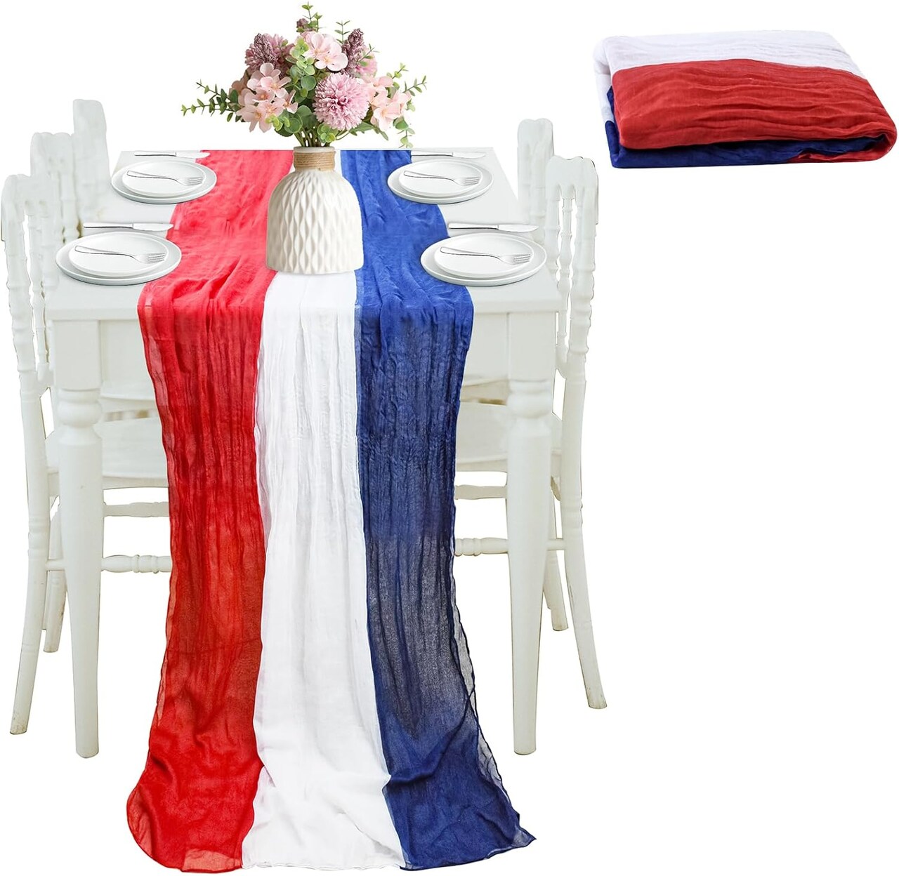 4th of July Cheesecloth Table Runner, Vintage Red White & Blue Patriotic Table Decor for Independence Day, Memorial Day, Labor Day, Veterans Day, Indoor & Outdoor Kitchen or Dining Party Decoration